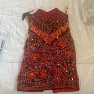 Vintage beaujon Paris dress Red, black, gold beaded mini dress, corset dress.